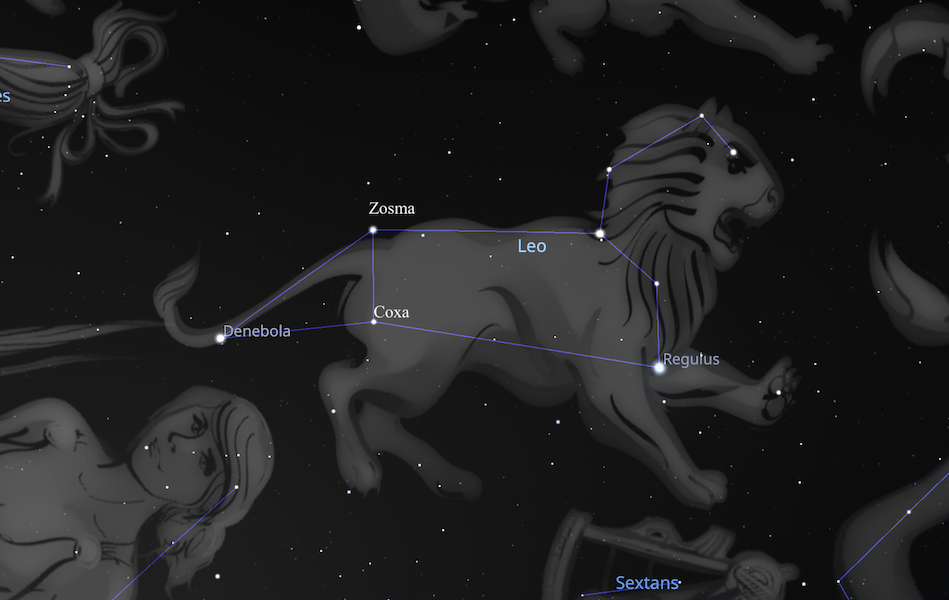 An image from Stellarium showing the Leo constellation with stars Zosma, Coxa and Regulus.